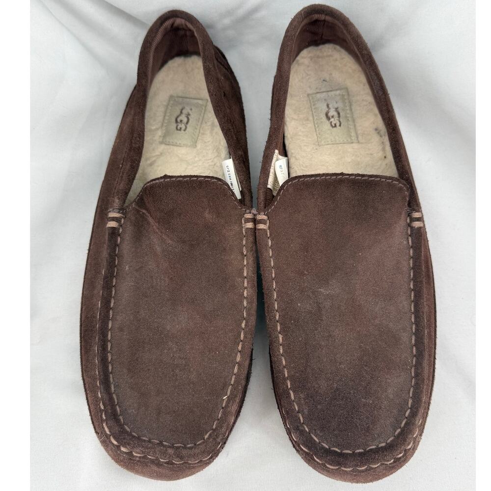 UGG Ascot Slippers Mens 11 Chocolate Brown Suede Shearling Lined Moccasins